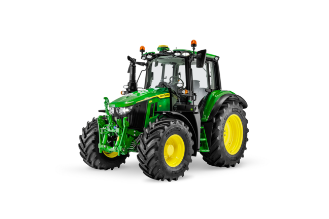 Studijski posnetek traktorja John Deere 6M 115, ki prikazuje preglednost v kabini in robustne pnevmatike