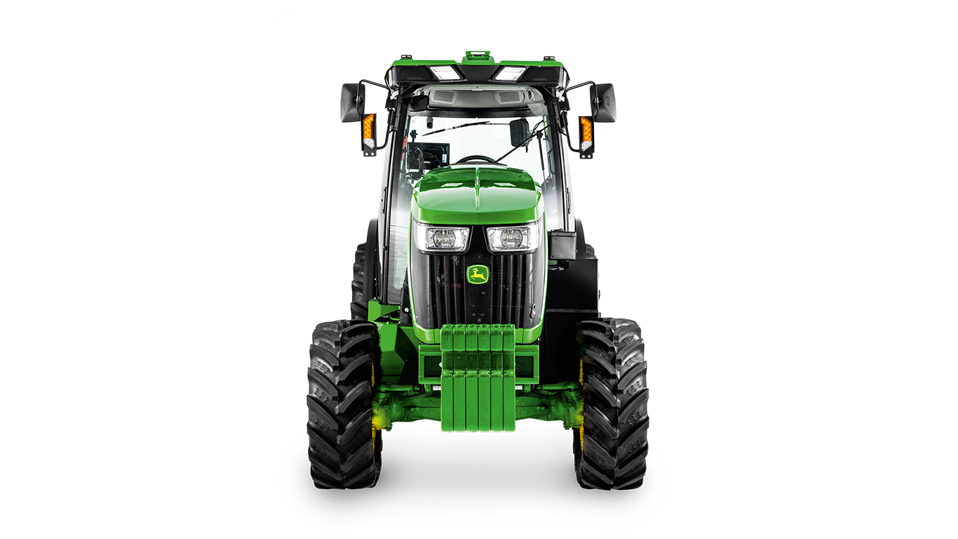 Pogled na traktor John Deere 5075EN od spredaj z vidnimi sprednjimi lučmi, rešetko hladilnika in utežmi.