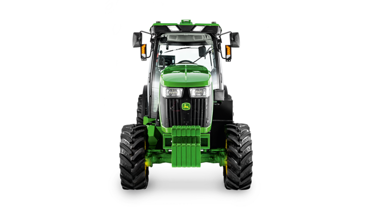Pogled na traktor John Deere 5075EN od spredaj z vidnimi sprednjimi lučmi, rešetko hladilnika in utežmi.