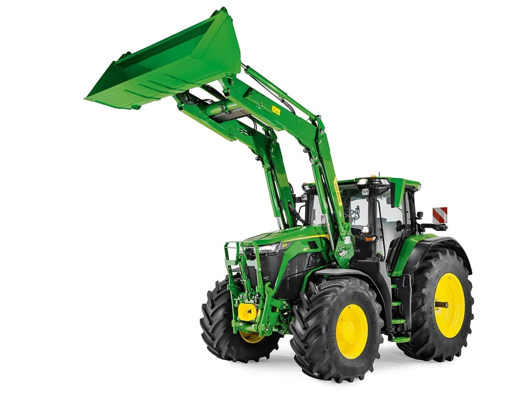 Priključek sprednjega nakladalnika John Deere s široko nakladalno žlico, prikazan na belem ozadju.